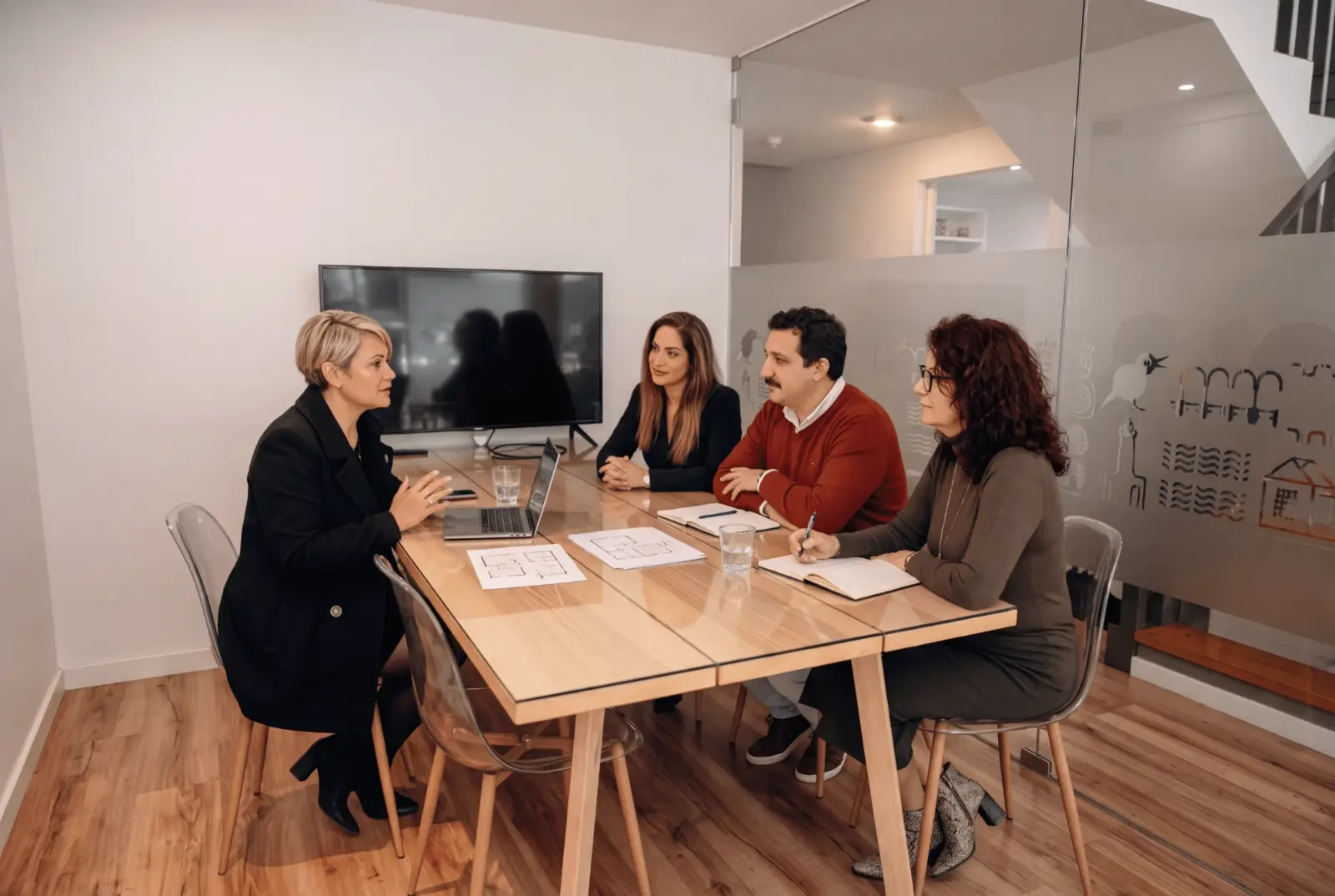 Reunião de equipa à volta de uma mesa, com documentos e plantas